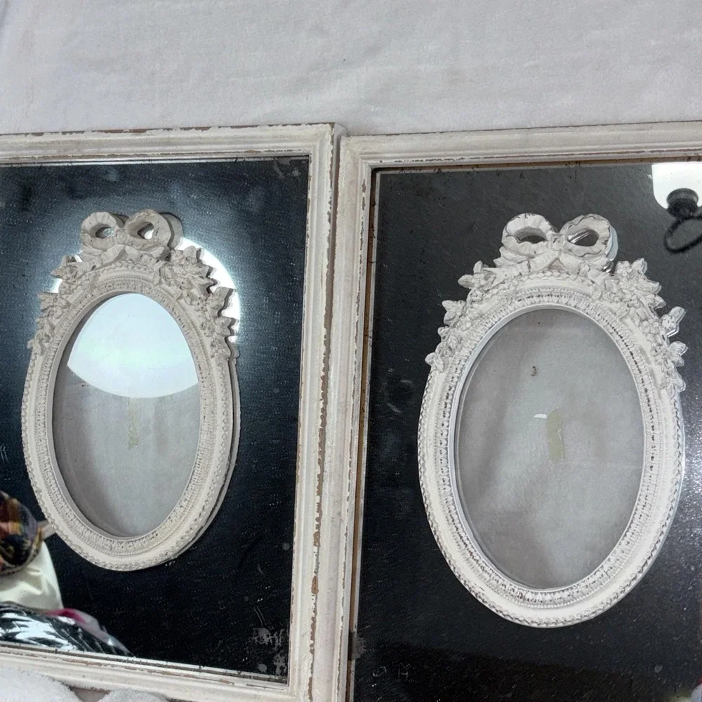 Vintage 70 Shabby Chic Mirror‎ Frame Pair French Country Oval Ribbon Aged Patina